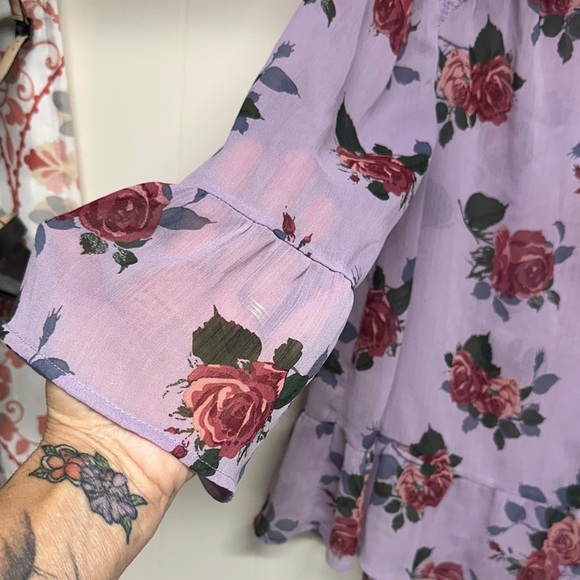 Self Esteem Lavender Floral Semi Sheer Blouse with Bell Sleeves - Picture 4 of 9